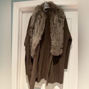 Vince Yak and wool brown long cardiagan with fur trim